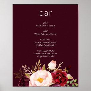 Burgundy Marsala Floral Bar Sign Poster