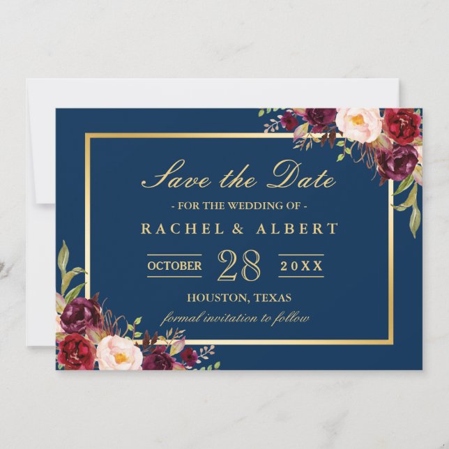Burgundy Marsala Floral Blue Wedding Save the Date (Vorderseite)