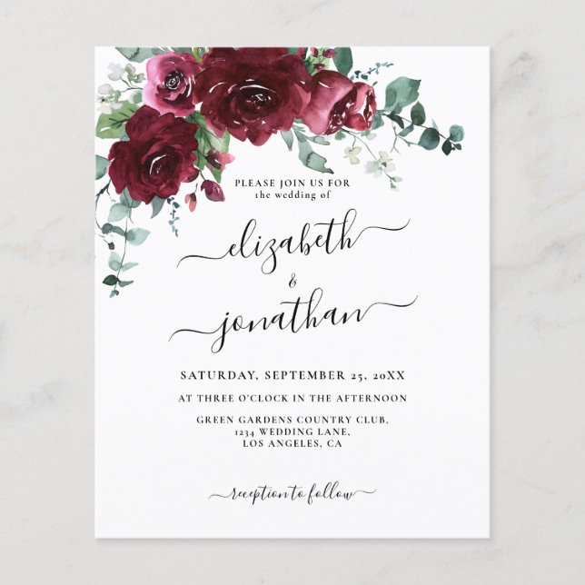 Burgundy Marsala Floral Budget Einladung Hochzeit (Vorderseite)