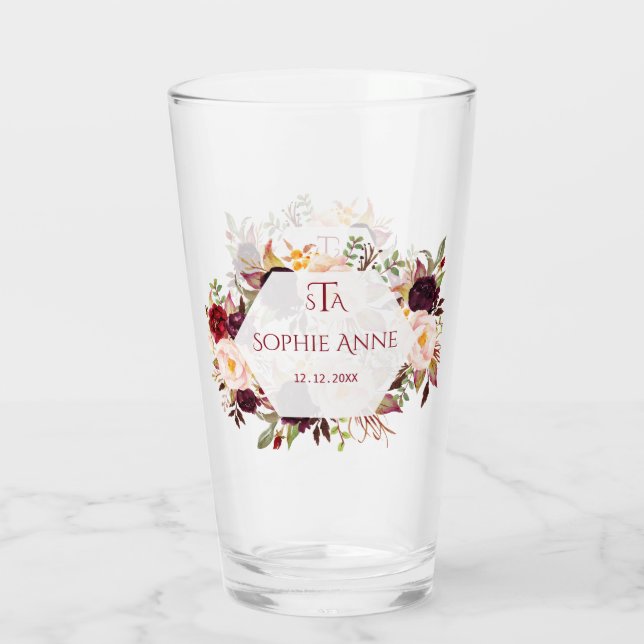 Burgundy Marsala Floral Geometric Monogram Glas (Rückseite)