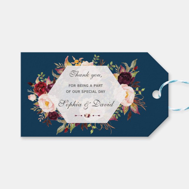 Burgundy Marsala Floral Geometric Navy Hochzeit Geschenkanhänger (Vorderseite (Horizontal))