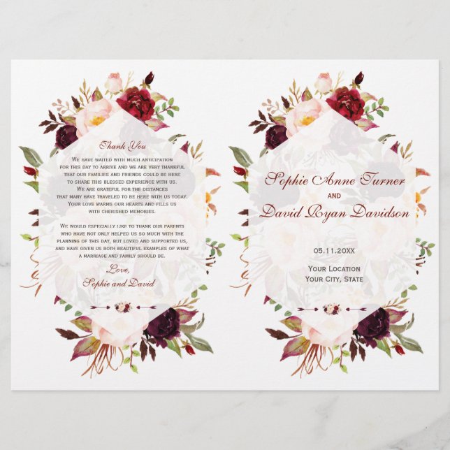 Burgundy Marsala Floral Geometric Wedding Program (Vorderseite)