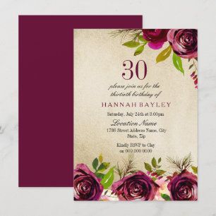 Burgundy Marsala Floral Gold 30. Geburtstag Einlad Einladung