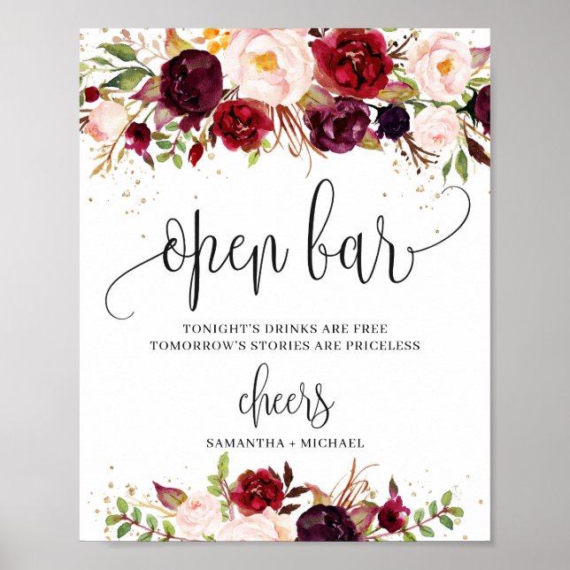 Burgundy marsala floral gold boho open bar sign poster (Vorne)