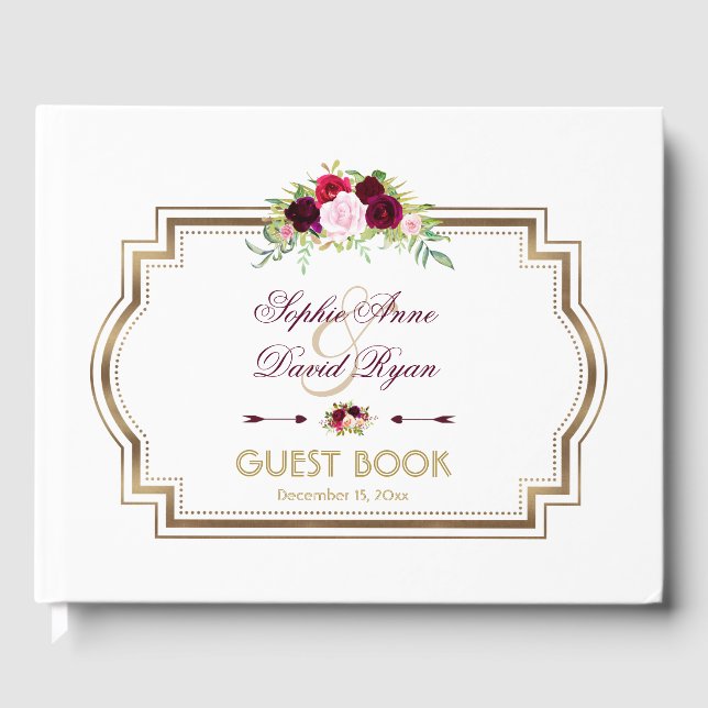 Burgundy Marsala Floral Gold Hochzeit im Herbst Gästebuch (Vorderseite)