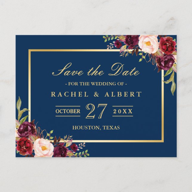 Burgundy Marsala Floral Gold Hochzeit Speichern Si Postkarte (Vorderseite)