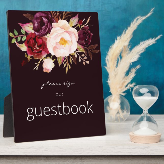Burgundy Marsala Floral Guestbook Schild Dunkelrot Fotoplatte (Seite)