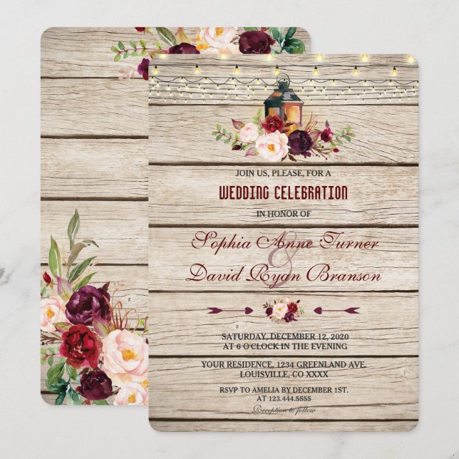 Burgundy Marsala Floral Lantern Wedding Einladung (Vorne/Hinten)