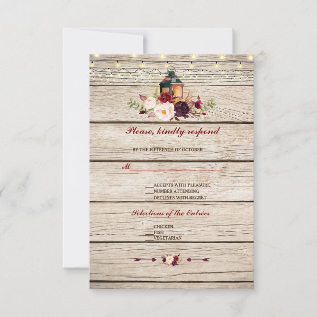 Burgundy Marsala Floral Lantern Wedding RSVP Karte (Vorderseite)