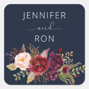Burgundy Marsala Floral Name Square Marine Quadratischer Aufkleber
