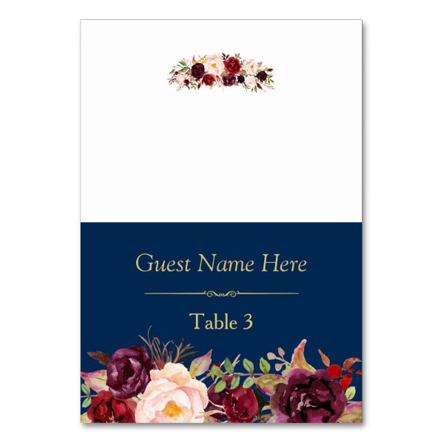 Burgundy Marsala Floral Navy Blue Wedding Place Tischnummer (Vorderseite)
