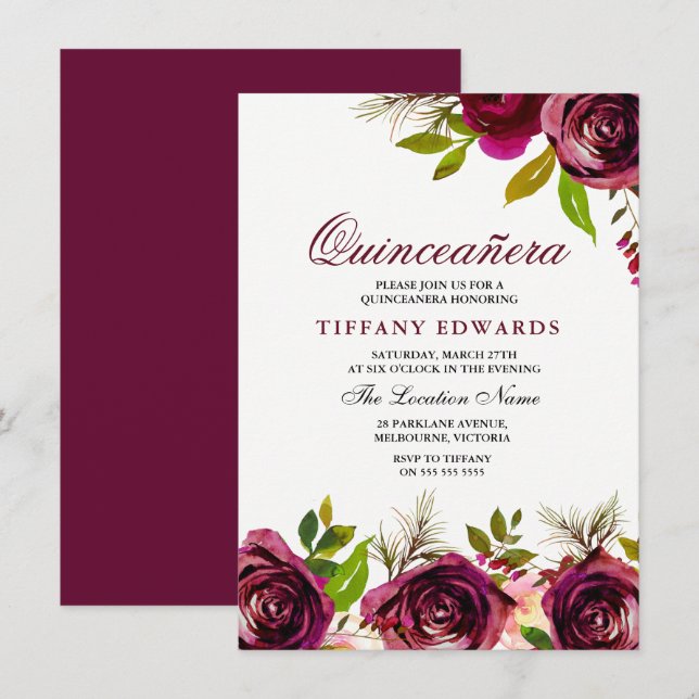 Burgundy Marsala Floral Quinceañera Einladung (Vorne/Hinten)