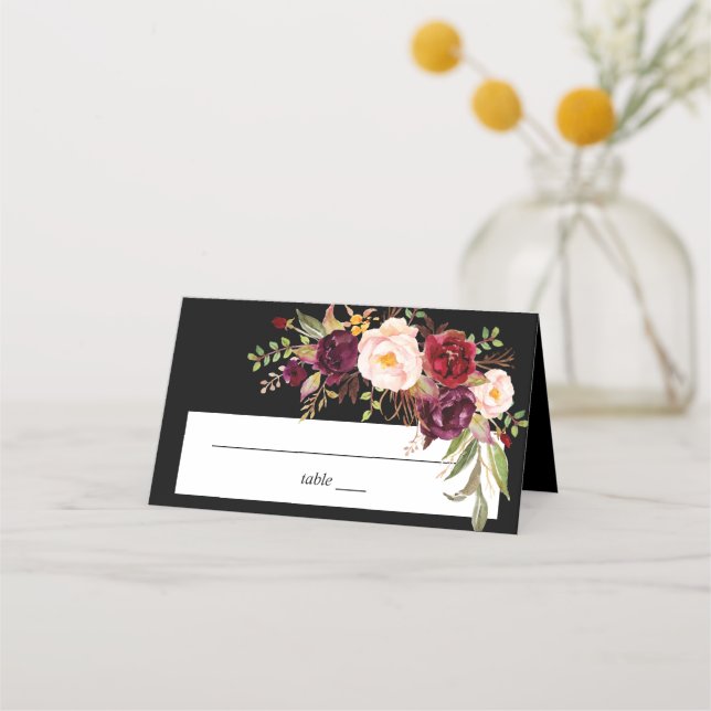 Burgundy Marsala Floral - Schwarz Platzkarte (Vorderseite)