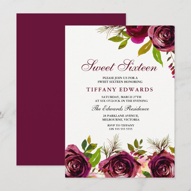 Burgundy Marsala Floral Sweet 16 Einladung (Vorne/Hinten)