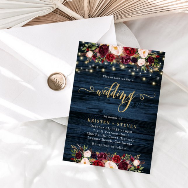 Burgundy Marsala Floral und Navy Blue Wedding Invi Einladung (Von Creator hochgeladen)