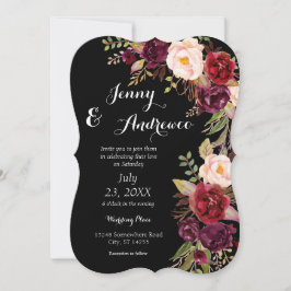 Burgundy Marsala Floral Wedding 2 Black Einladung