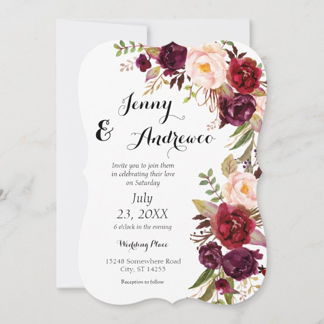 Burgundy Marsala Floral Wedding 2 White Einladung (Vorderseite)