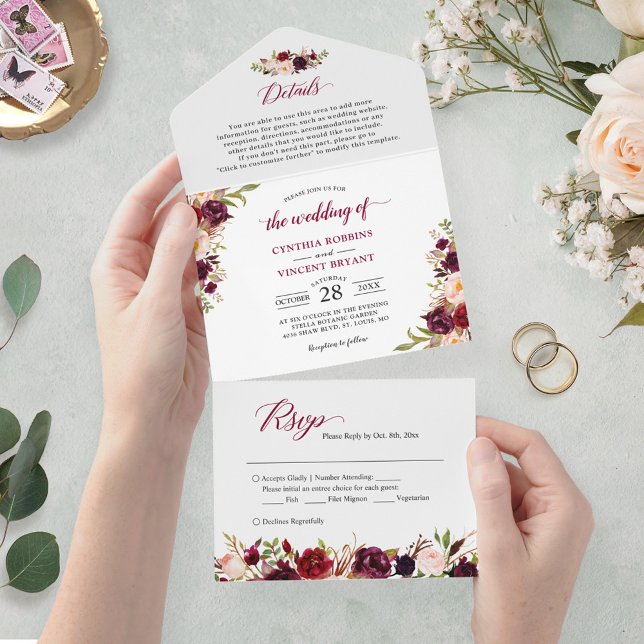 Burgundy Marsala Floral Wedding Details UAWG All In One Einladung (Von Creator hochgeladen)