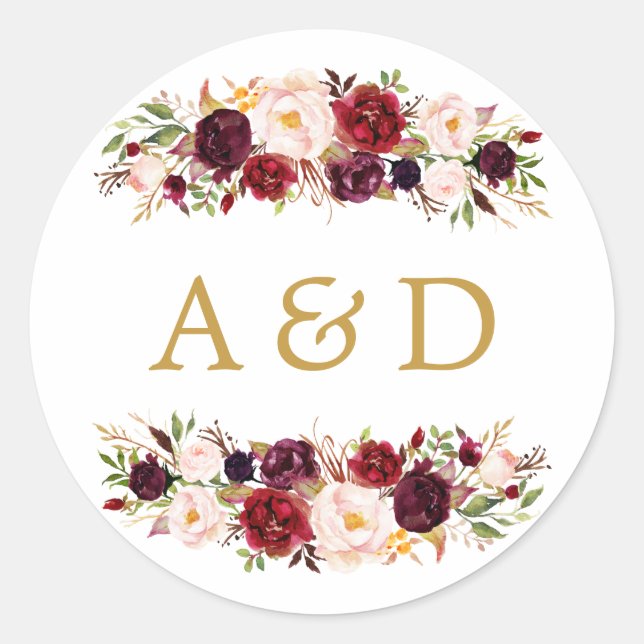 Burgundy Marsala Floral Wedding Favor Sticker (Devant)