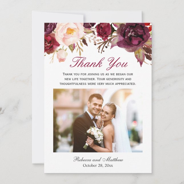Burgundy Marsala Floral Wedding Foto Vielen Dank Dankeskarte (Vorderseite)
