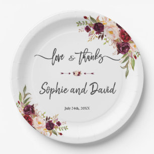 Burgundy Marsala Floral Wedding Liebe und vielen D Pappteller