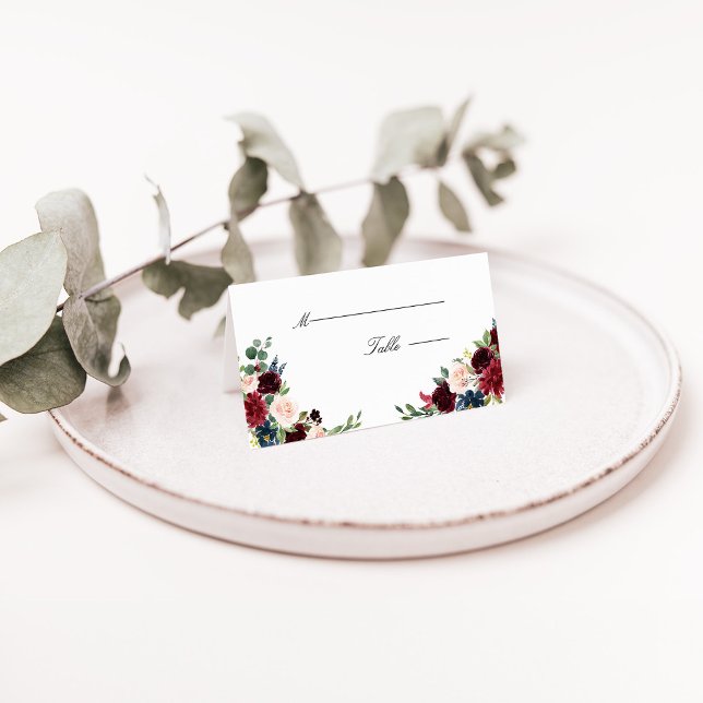 Burgundy Marsala Floral Wedding Platzkarte (Burgundy Marsala Navy Blush Floral Wedding Place Card)