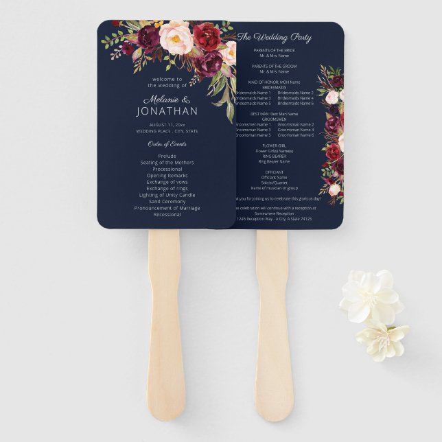 Burgundy Marsala Floral Wedding Program Navy V2 Fächer (Vorne und Hinten)
