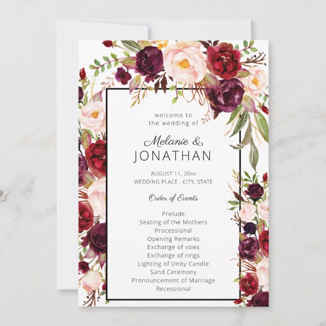 Burgundy Marsala Floral Wedding Program White Einladung (Vorderseite)