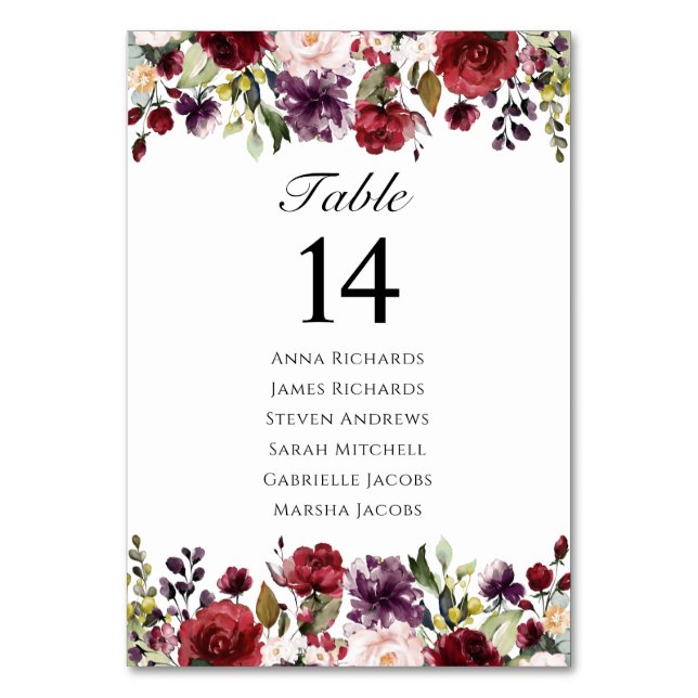 Burgundy Marsala Floral Wedding Reception Platz Tischnummer (Vorderseite)