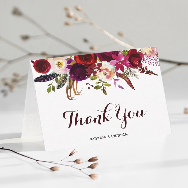 Burgundy Marsala Floral Wedding Vielen Dank Dankeskarte (Von Creator hochgeladen)