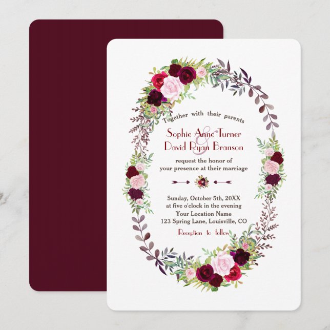 Burgundy Marsala Floral Wreath Wedding Einladung (Vorne/Hinten)