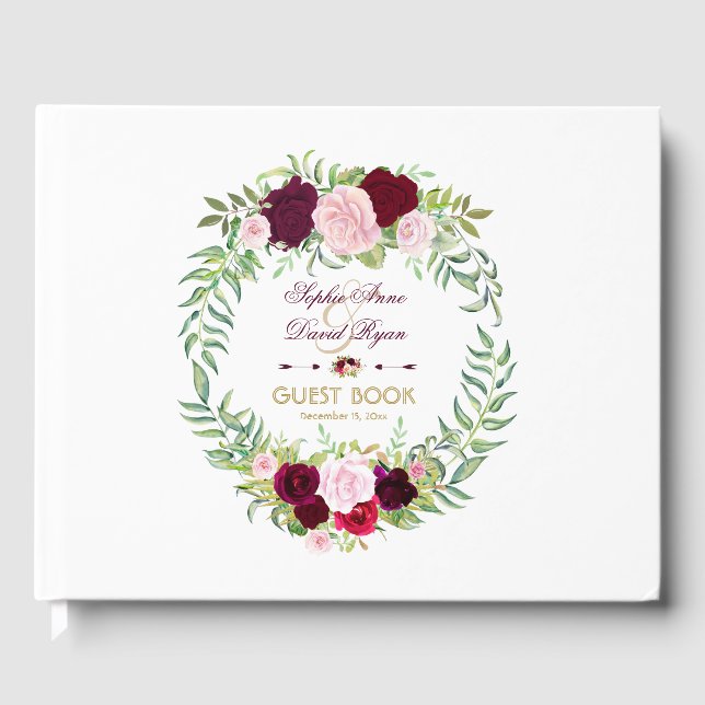 Burgundy Marsala Floral Wreath Wedding Gästebuch (Vorderseite)
