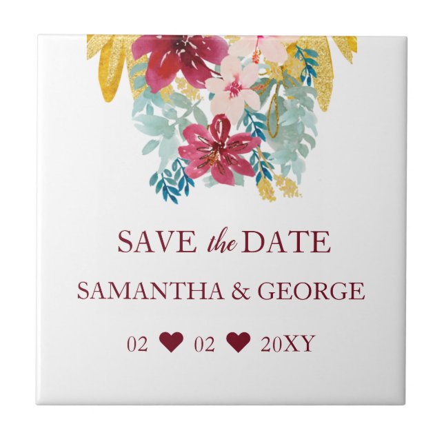 Burgundy Marsala Gold Floral Botanische Hochzeit Fliese (Vorderseite)