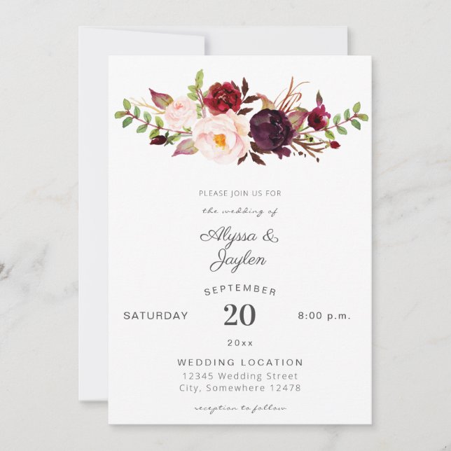 Burgundy Marsala Pink Floral Wedding 2 White Einladung (Vorderseite)