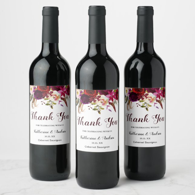 Burgundy Marsala Red Boho Floral Wedding Vielen Da Weinetikett (Flaschen)