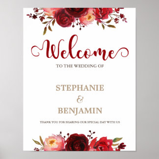 Burgundy Marsala Red Floral Begrüßungszeichen Poster