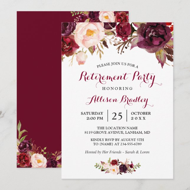 Burgundy Marsala Red Floral Retirement Party Einladung (Vorne/Hinten)