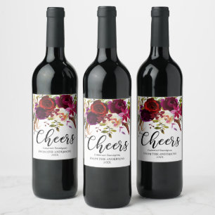Burgundy Marsala Red Rustic Boho Floral Cheers Weinetikett
