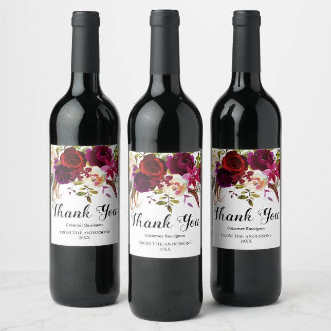Burgundy Marsala Red Rustic Boho Floral Vielen Dan Weinetikett (Flaschen)