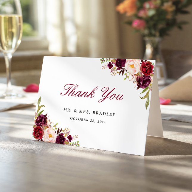 Burgundy Marsala Red Rustic Floral Thank You Dankeskarte (Von Creator hochgeladen)