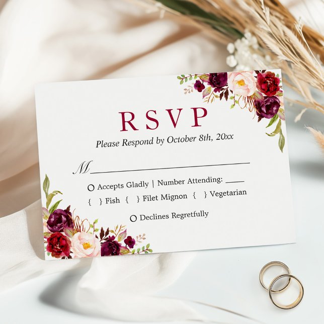 Burgundy Marsala Rote Blumenküche Hochzeit RSVP Karte (Von Creator hochgeladen)