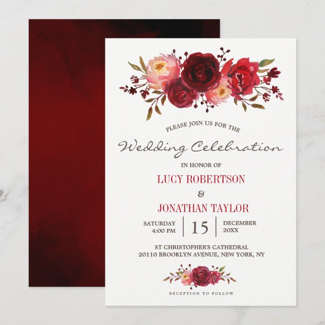 Burgundy Marsala Rote Rosen Floral Wedding Einladung (Vorne/Hinten)