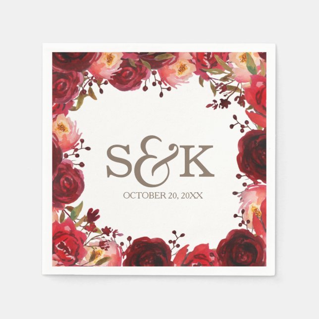 Burgundy Marsala Rote Rosen Floral Wedding Serviette (Vorderseite)