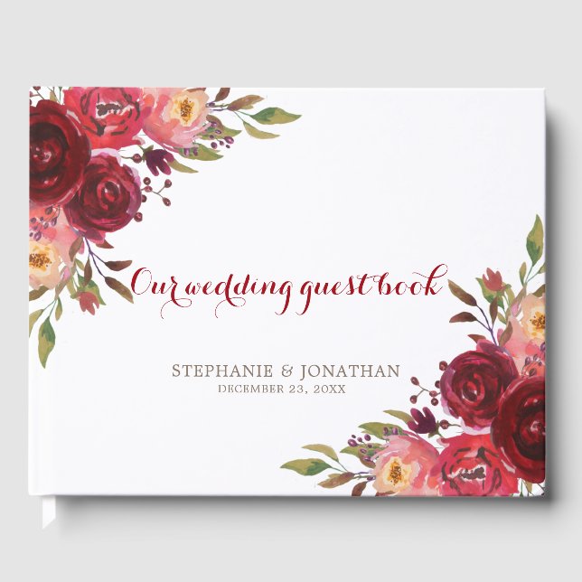 Burgundy Marsala Rote Rosen Hochzeit Gästebuch (Vorderseite)