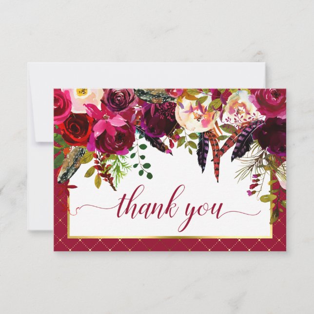 Burgundy Marsala Rustic Floral Chic Vielen Dank Dankeskarte (Vorderseite)