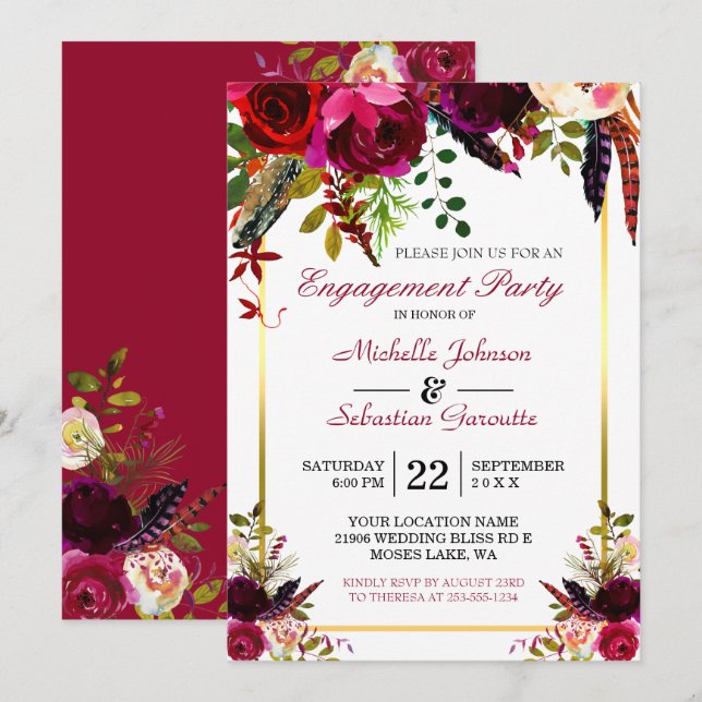 Burgundy Marsala Rustic Floral Engagement Party Einladung (Vorne/Hinten)