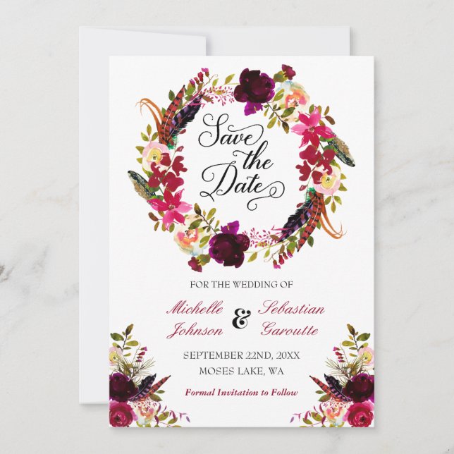 Burgundy Marsala Rustic Floral Save the Date (Vorderseite)