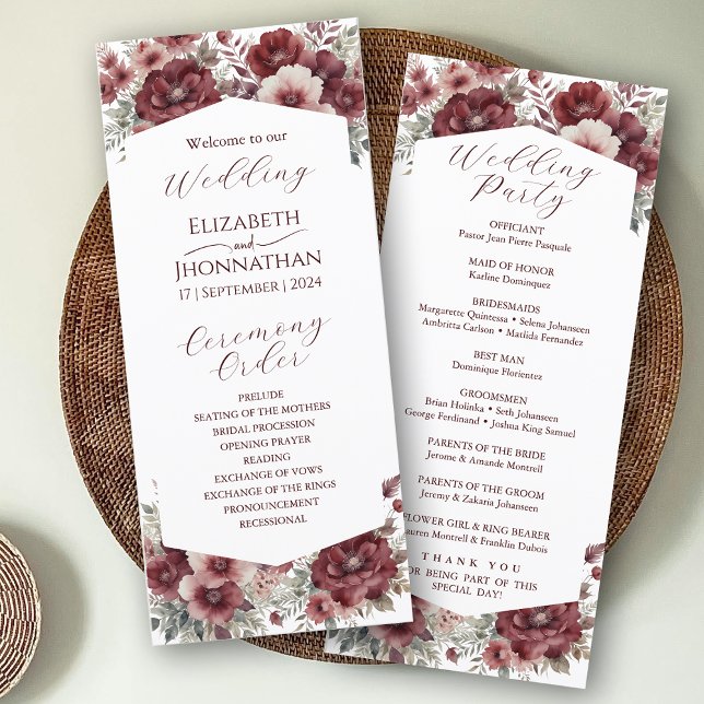 Burgundy Marsala Rustic Floral Watercolor Wedding Programm (Von Creator hochgeladen)