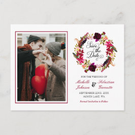 Burgundy Marsala Rustic Foto Floral Save the Date Ankündigungspostkarte
