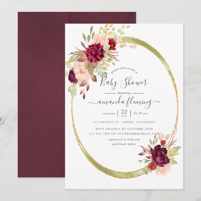 Burgundy-Marsala und Blush Geometric Baby Dusche Einladung (Vorne/Hinten)
